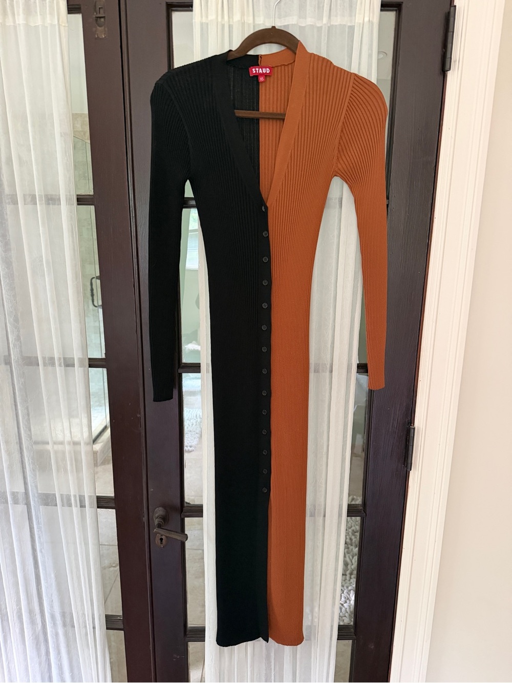 STAUD Black and Rust Two-Tone Ribbed Button-Down Maxi Dress